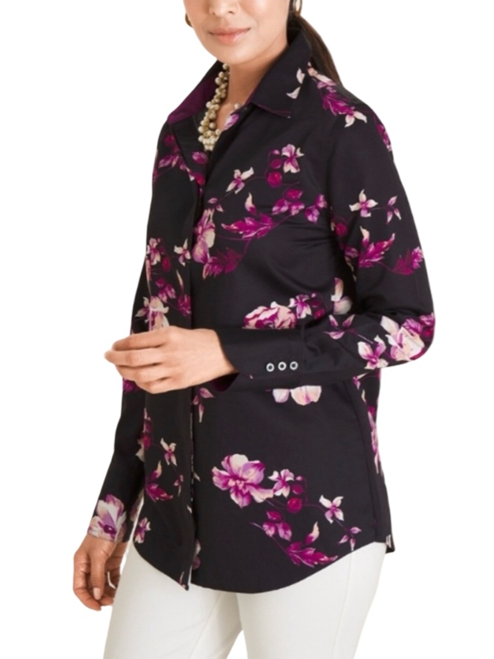 Chicos No Iron Sateen Dark Floral Button Front Long Sleeve Blouse Top